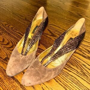 Vintage Neiman Marcus Women's Taupe Suede Pumps with Snake-Print Accent